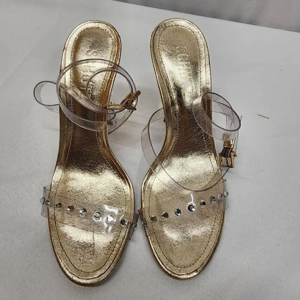 Schutz Size 5 B Glasy Gold Metallic Transparent Heel Sandals M